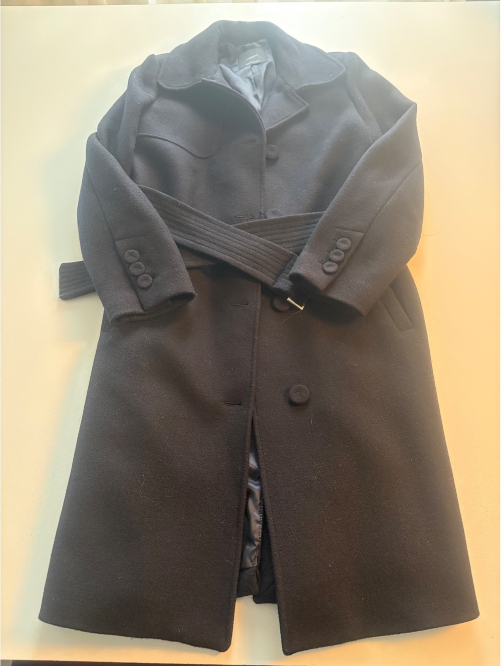 Mango Black Wool Blend Belted Overcoat